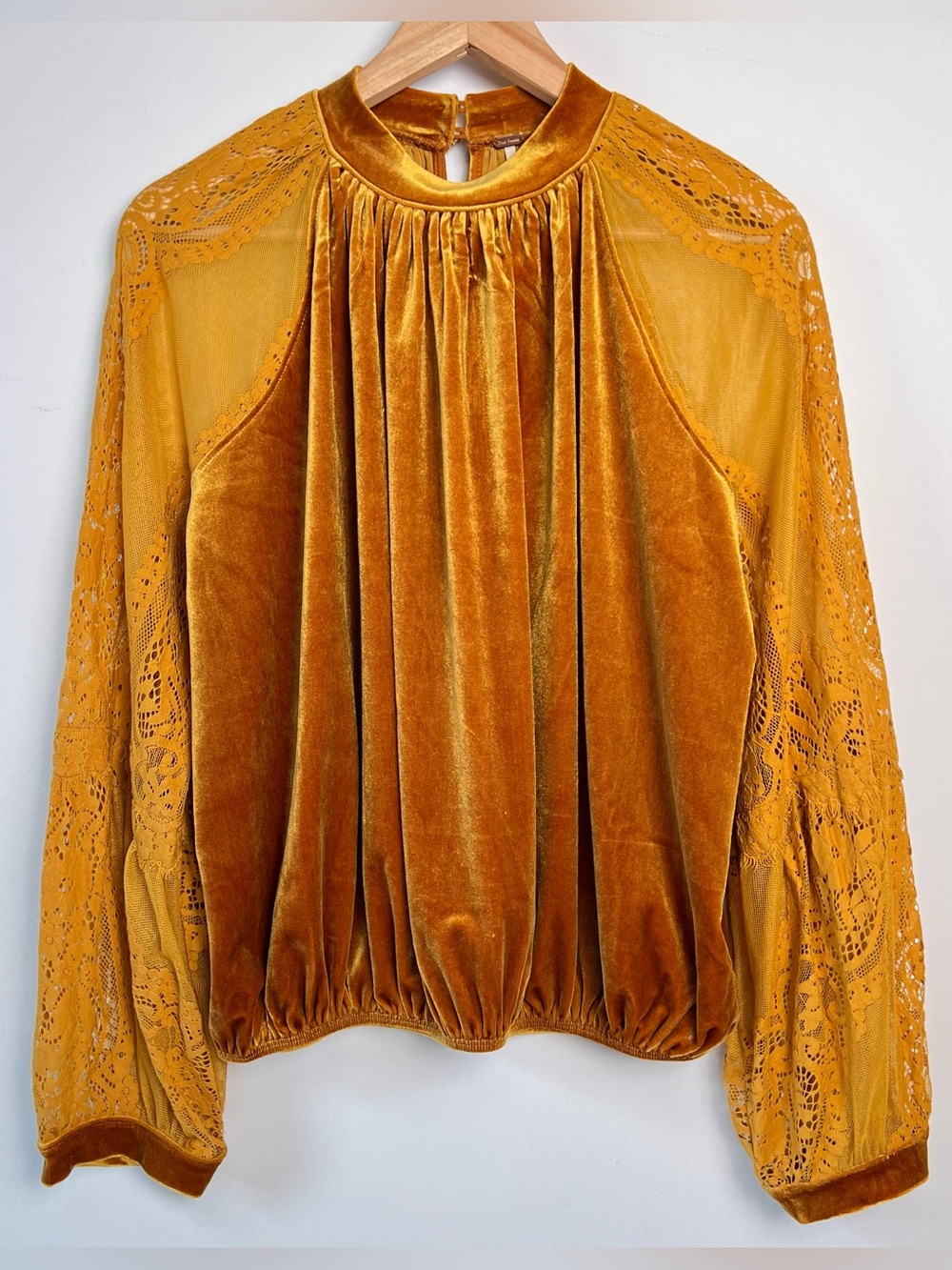 Free People Mustard Velvet Lace Blouse Medium Boho Romantic Top